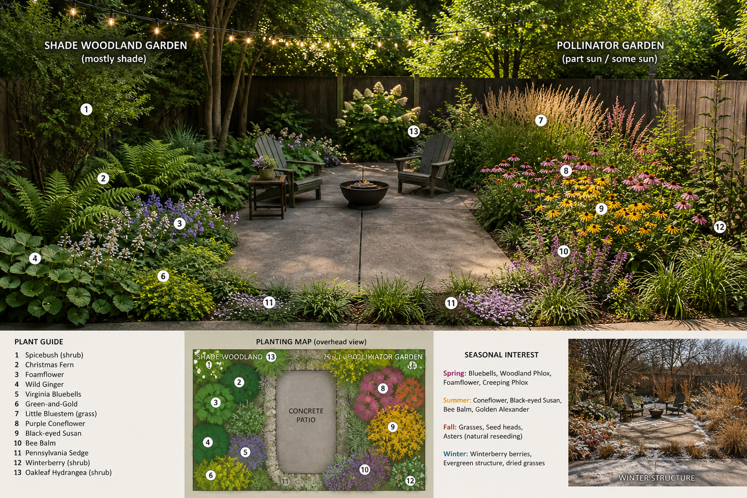 Native garden concept with layered planting beds